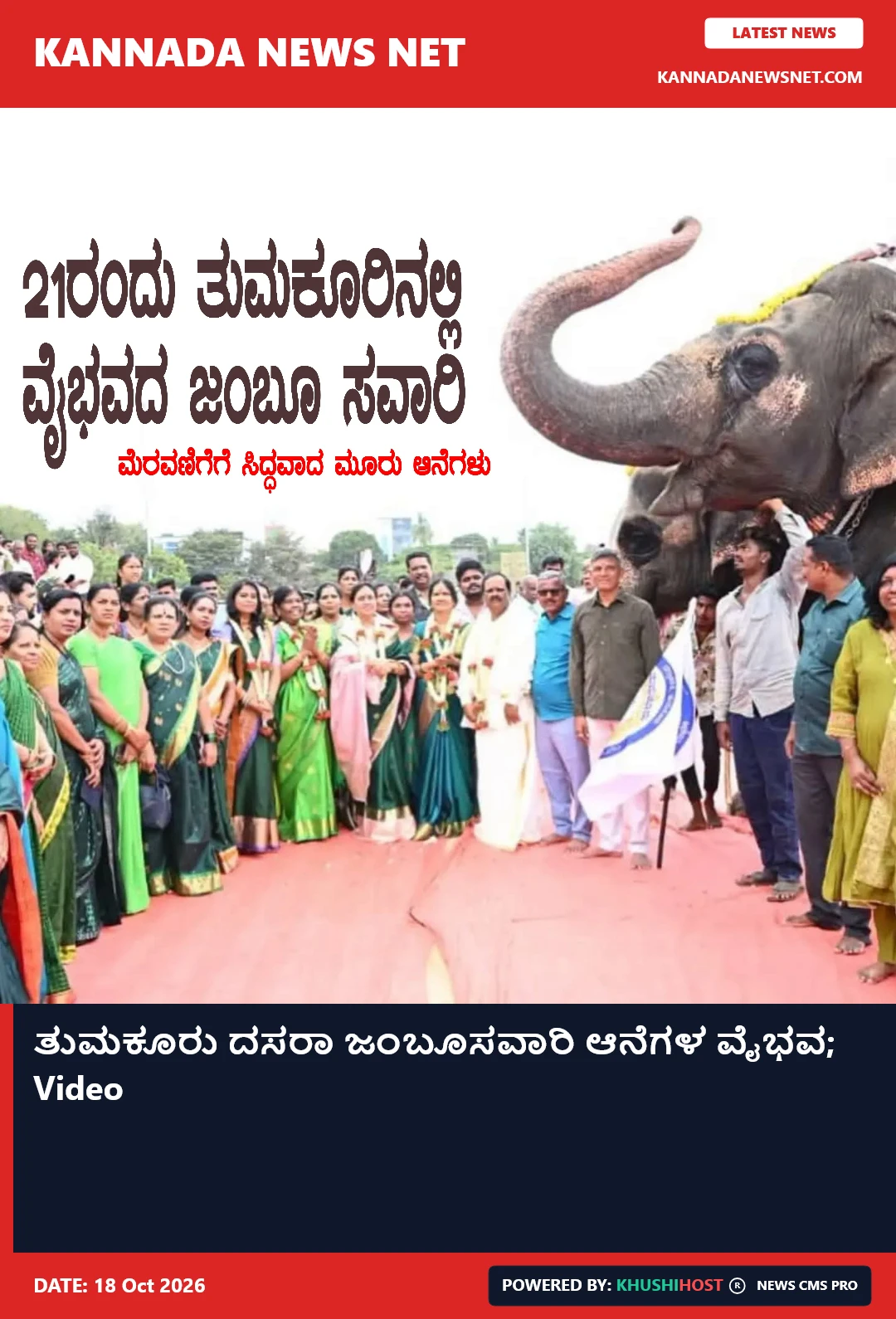 ತುಮಕೂರು ದಸರಾ ಜಂಬೂಸವಾರಿ ಆನೆಗಳ ವೈಭವ; Video